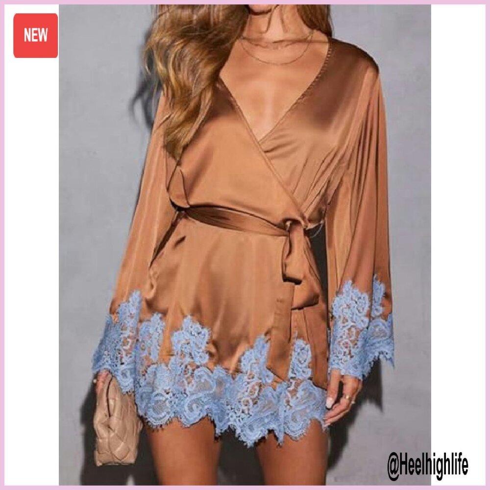 Satin Wrap Mini Dress with Lace Trim Bell Sleeves for Party Wedding - Picture 4 of 7